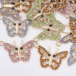 Mixed Color Alloy Pendants, with Rhinestone, Butterfly, Light Gold, Mixed Color, 20x29x2mm, Hole: 2mm