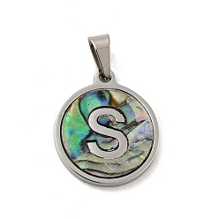 Letter S 304 Stainless Steel with Paua Shell Pendants, Stainless Steel Color, Flat Round with Letter Charm, Letter.S, 18x16x1.5mm, Hole: 3x6mm