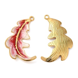 Crimson 304 Stainless Steel Enamel Pendants, Real 18K Gold Plated, Feather Charm, Crimson, 38x27x3mm, Hole: 2mm