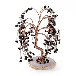 Obsidiana Decoración de exhibición de árbol de obsidiana natural, adorno de feng shui con base de rebanada de ágata para la riqueza, suerte, alambres de latón de oro rosa envueltos, 64~95x75~125x140~170 mm