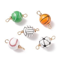 Mixed Color Natural Wood Connector Charms, with Real 18K Gold Plated Copper Wire Wrapped, Dyed, Round with Ball Pattern, Mixed Color, 25~30.5x15~16mm, Hole: 3.5mm