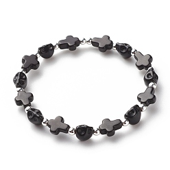 Negro Pulsera elástica con cuentas de calavera y cruz de turquesa sintética (teñida), joyas de piedras preciosas de halloween para mujeres, negro, diámetro interior: 2-1/4 pulgada (5.6 cm)