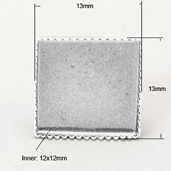 Silver Brass Stud Earring Settings, Silver, 13x13mm, Tray: 12x12mm, Pin: 0.6mm thick