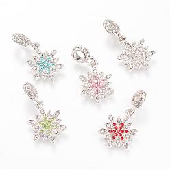 Mixed Color Alloy European Dangle Charms, with Rhinestones, Snowflake, Large Hole Pendants, Platinum, Mixed Color, 33mm, Hole: 4.5mm