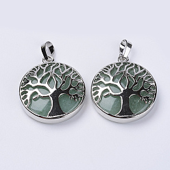 Green Aventurine Natural Green Aventurine Pendants, with Platinum Plated Brass Findings, Flat Round with Tree of Life, 31x27x8mm, Hole: 3.5x7mm