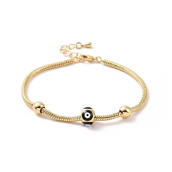 Real 18K Gold Plated Enamel Evil Eye Round Beaded Bracelet with Brass Round Snake Chains for Women, Cadmium Free & Nickel Free & Lead Free, Real 18K Gold Plated, 6-7/8 inch(17.5cm)