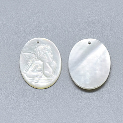 Coquillage De Mer Pendentifs en nacre blanche naturelle, ovale avec cupidon / chérubin / ange sculpté, couleur de coquillage, 20x15x2.5mm, Trou: 0.8mm