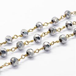 Gray Handmade Beaded Chains, with Spool, Unwelded, Electroplated Glass Beads with Brass Findings, Faceted Rondelle, Gray, 6mm, about 32.8 Feet(10m)/roll