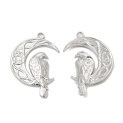 Stainless Steel Color 304 Stainless Steel Pendants, Moon with Bird Charm, Stainless Steel Color, 36x24x3mm, Hole: 3mm