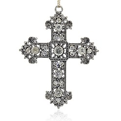Crystal Antique Silver Plated Alloy Rhinestone Cross Pendants, Budded Cross, Crystal, 85x67x6mm, Hole: 4mm