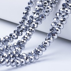 Platinum Plated Electroplate Transparent Glass Beads Strands, Full Plated, Faceted, Rondelle, Platinum Plated, 8x6mm, Hole: 1mm, about 65~68pcs/strand, 15.7~16.1 inch(40~41cm)