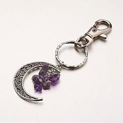 Amethyst Natural Amethyst Pendant Keychain, with Alloy Pendants, Iron Rings and Alloy Keychain Findings, Moon, 100mm
