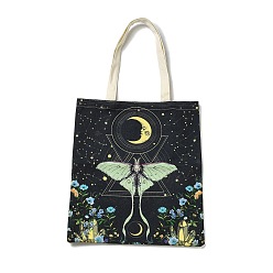 Light Green Flower & Butterfly & Moon Printed Canvas Women's Tote Bags, with Handle, Shoulder Bags for Shopping, Rectangle, Light Green, 60cm