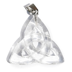 Cristal de Quartz Pendentifs en cristal de quartz naturel de la saint-patrick, Breloques nœud triquetra avec fermoirs en métal plaqué platine, 34x6mm
