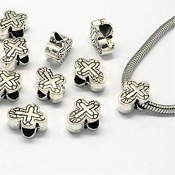 Antique Silver Alloy European Beads, Large Hole Beads, Cross, Antique Silver, 14.5x11x6.5mm, Hole: 5mm