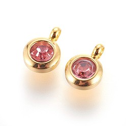 Rose 304 Stainless Steel Rhinestone Charms, July Birthstone Charms, Flat Round, Rose, 9.3x6.5x4mm, Hole: 2mm