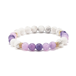 Violet Foncé Bracelet extensible à perles rondes en agate patinée naturelle (teinte) et howlite, bijoux en pierres précieuses pour femmes, violet foncé, diamètre intérieur: 2-1/4 pouce (5.6 cm)