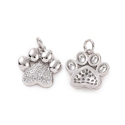 Platinum Rack Plating Brass Micro Pave Cubic Zirconia Charms, with Jump Ring, Long-Lasting Plated, Cadmium Free & Lead Free, Dog's Paw Print Charm, Platinum, 15x14.5x3mm, Hole: 3mm