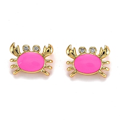 Hot Pink Real 18K Gold Plated Brass Micro Pave Clear Cubic Zirconia Charms, with Enamel, Long-Lasting Plated, Crab, Hot Pink, 11x15x6mm, Hole: 3x5mm