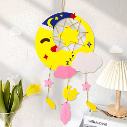 Moon Cloth Woven Net/Web Wind Chime with Polyester Rope, Pendant Decoration for Home Party Festival Decor, Colorful, Moon, 365x215mm
