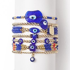Blue 7Pcs 7 Style Evil Eye Lampwork & Glass Seed & Brass Beaded Stretch Bracelets Set for Women, Alloy Word Charms Stackable Bracelets for Women, Blue, Inner Diameter: 2~3-1/2 inch(5.2~8.8cm), 1Pc/style