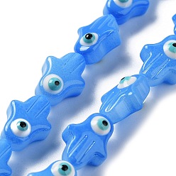 Cornflower Blue Opaque Color Glass Beads Strands, with Enamel, Hamsa Hand with Evil Eye, Cornflower Blue, 14x10x8mm, Hole: 1mm, about 28pcs/strand, 15.35''(39cm)