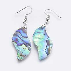 Platinum Abalone Shell/Paua Shell Dangle Earrings, with Brass Findings, Platinum, 60.5~61mm, Pin: 0.7mm