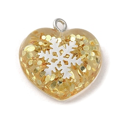 Or Pendentif en acrylique, avec les accessoires en fer, glitter, coeur de Saint Valentin avec flocon de neige, or, 20.5x20x6.5mm, Trou: 2mm