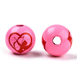 Rose Chaud Perles de bois peintes par pulvérisation, perles imprimées, ronde, rose chaud, 15~16x14~15mm, Trou: 3~4mm