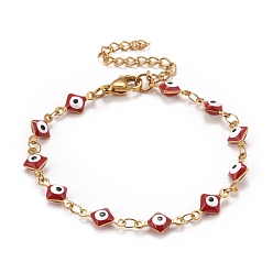 Red Enamel Rhombus with Evil Eye Link Chains Bracelet, Vacuum Plating 304 Stainless Steel Jewelry for Women, Golden, Red, 6-5/8 inch(16.8cm)