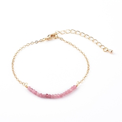 Tourmaline April Birthstone Natural Tourmaline Beaded Bracelets, with Brass Cable Chains, Faceted Round, Golden, 7-1/4 inch(18.5cm)