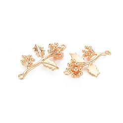Real 18K Gold Plated Brass Connector Charms, Nickel Free, Holly Leaf and Berries, Real 18K Gold Plated, 24x15x6mm, Hole: 1mm