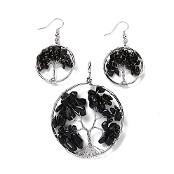 Obsidienne Ensembles de bijoux en laiton, gros pendentifs et pendants d'oreilles, avec de l'obsidienne naturelle, platine, Sonner avec l'arbre de la vie, 63~67x49~51x1.5~10mm, Trou: 4x5mm, 50~55x28~30x1.5~8mm, pin: 0.8 mm