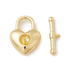 Real 18K Gold Plated Brass Toggle Clasps, for Half Hole Bead, Heart Lock, Real 18K Gold Plated, Heart: 16x12x5.5mm, Bar: 15x4.5x2mm, Hole: 1mm, Pin: 0.9mm