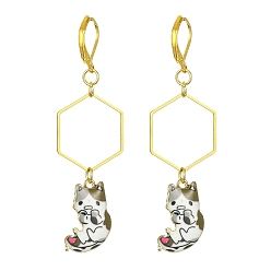Blanc Boucles d'oreilles pendantes en alliage de placage en rack, boucles d'oreilles pendantes en forme de chat, boucles d'oreilles longues pendantes en laiton doré, blanc, 66x19.5mm