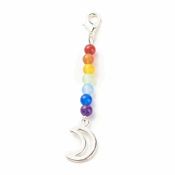 Colorful Chakra Theme Natural & Dyed Malaysia Jade Beaded Pendant Decorations, with Lobster Claw Clasps, Alloy Pendants, Moon, Colorful, 63mm