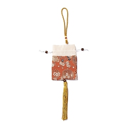 Coral Brocade Sachet Bag, Drawstring Floral Embroidered Bag, Rectangle with Tassel, Coral, 42cm, Bag: 12.5x8.8x0.2cm, Bead: 0.8~0.9cm, Tassel: 12.5x1cm