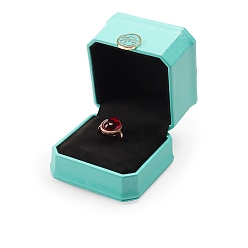 Cyan Flower PU Leather Octagonal Ring Jewelry Box, Finger Ring Storage Gift Case, with Velvet Inside, for Wedding, Engagement, Cyan, 7.5x7.5x6.2cm