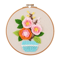 June Rose Kits de peinture de broderie de fil de bricolage de motif de fleur pour les débutants, y compris les instructions, tissu en coton imprimé, fil à broder et aiguilles, cercle à broder rond, rose de juin, 3mm