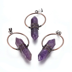Amethyst Natural Amethyst Wire Wrapped Pointed Big Pendants, Double Terminated Pointed, with Brass Findings, Bullet, Red Copper, 53~55x30~32x11.5mm, Hole: 7.5x4mm