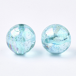 Turquoise Perles acryliques transparentes, avec de la poudre de paillettes, perles de paillettes, ronde, turquoise, 19~19.5x19mm, trou: 2.5 mm, environ 110 pcs / 500 g