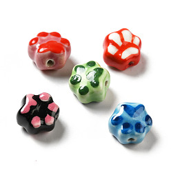 Mixed Color Handmade Printed Porcelain Beads, Paw Prints, Mixed Color, 13.5x15x9.5mm, Hole: 1.8mm
