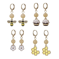 Золотой 4 пары 4 стилей женские серьги с подвесками на затылке и эмалью в виде пчелы и цветка, серьги-капли из натурального нефрита с топазом и бусинами, золотые, 42~49x11~17 мм, 1 пара / стиль