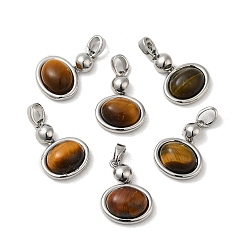 Real Platinum Plated Natural Tiger Eye Pendants, Brass Oval Charms, Real Platinum Plated, 18x13x6mm, Hole: 4.5x3mm