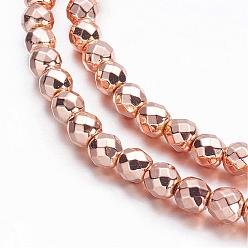 Plaqué D'or Rose Non-magnétiques perles d'hématite synthétique brins, Grade a, facette, ronde, rose plaqué or, 6mm, Trou: 1.1mm, Environ 72 pcs/chapelet, 15.7 pouce