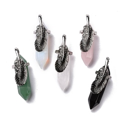 Mixed Stone Natural & Synthetic Gemstone Pendants, with Antique Silver Tone Brass Findings, Cadmium Free & Lead Free, Double Terminal Pointed Bullet with Leaf, 44~47x14~15x14~15mm, Hole: 6.2x3.5mm