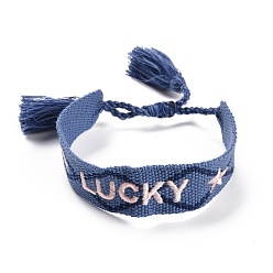 Marine Blue Word Lucky Polycotton(Polyester Cotton) Braided Bracelet with Tassel Charm, Flat Adjustable Wide Wristband for Couple, Marine Blue, Inner Diameter: 2~3-1/8 inch(5~8cm)