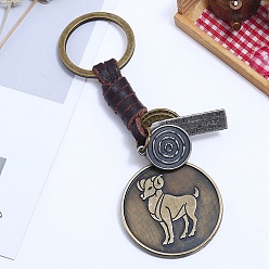 Aries Punk Style Woven Flat Round with 12 Constellation Leather Keychain, for Car Key Pendant, Aries, 11cm