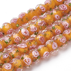 Orange Foncé Brins de perles au chalumeau de sable d'or faites à la main, fleur intérieure, facettes rondelle, orange foncé, 11~12x8~9mm, Trou: 1.6~2mm, Environ 45 pcs/chapelet, 17.3 pouce