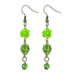 Lime Green Halloween Synthetic Howlite Skull Dangle Earrings, with Resin Rose Flower, Glass Bicone Beads and Antique Bronze Plated Brass Earring Hooks, Lime Green, 55mm, Pin: 0.6mm